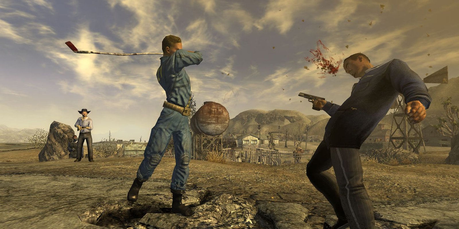Attacking an enemy with a golf club in Fallout: New Vegas.