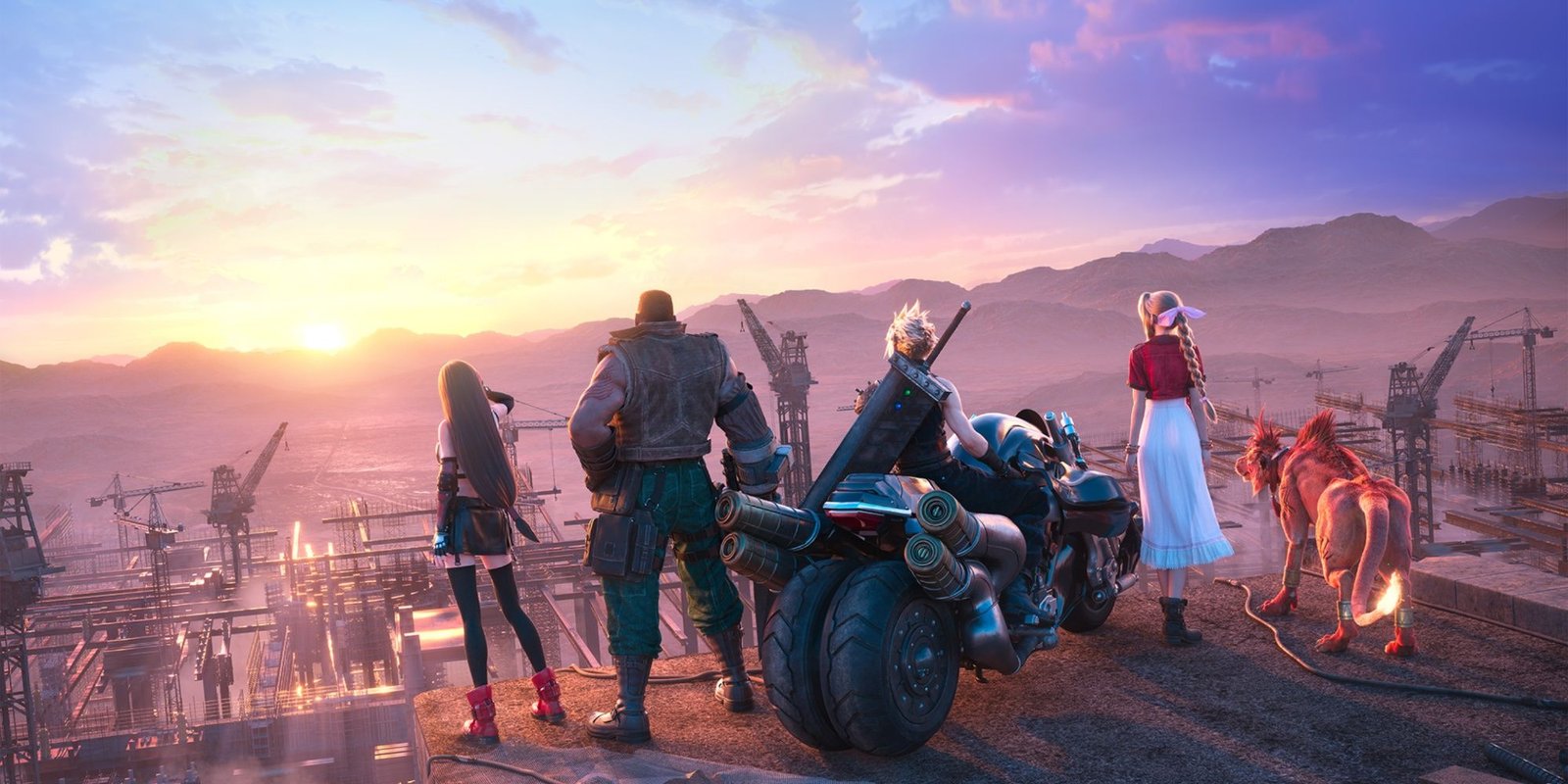 Tifa, Barret, Cloud, Aerith, and Red 13 stand on the outskirts of Midgar.