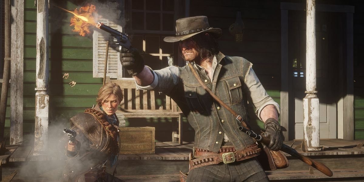 Red Dead Redemption: John under attack from outlaws offscreen.