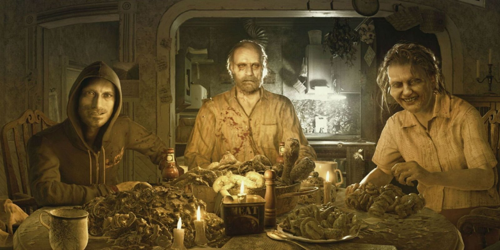 Surely The Third Resident Evil Reboot Will Finally Get It Right, Right? 1 Lucas, Jack, and Marguerite Baker at the dinner table in Resident Evil 7.