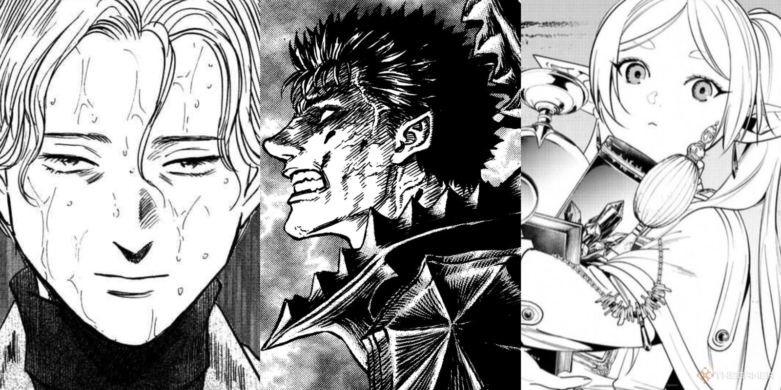 The Best Short Manga To Read 1 A collage of images showcasing panels from Monster, Berserk, and Frieren: Beyond Journey's End