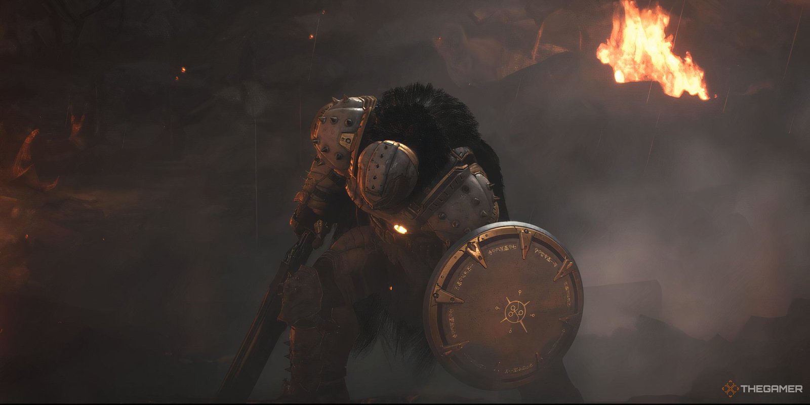 The Doom slayer holding his Shield Saw in Doom: The Dark Ages.