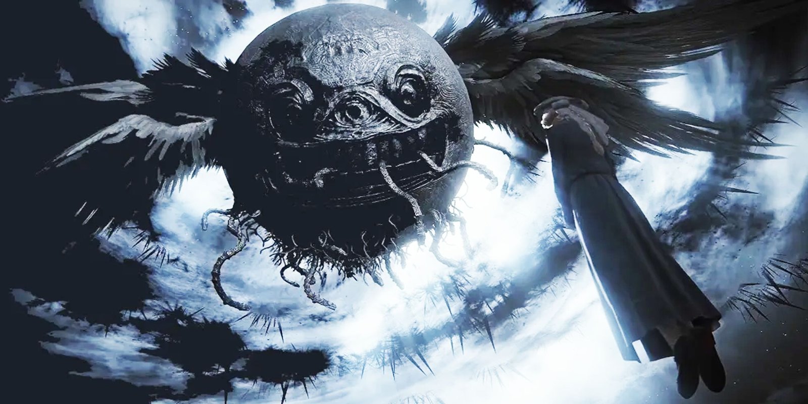 The Duskbloods screenshot of a character floating up to a winged moon creature.