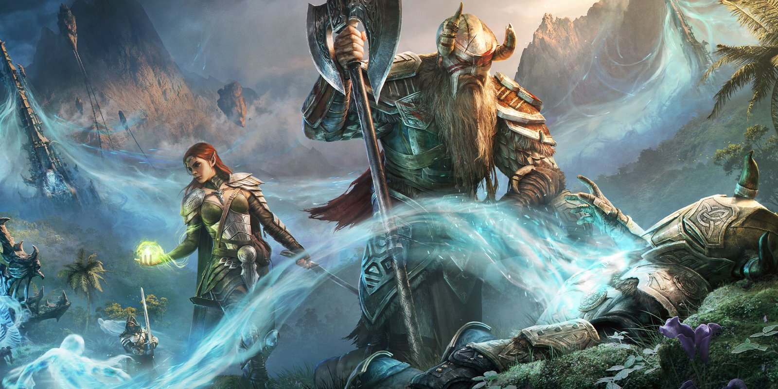 Elder Scrolls Online three heroes fighting spirits by the Writhing Wall.