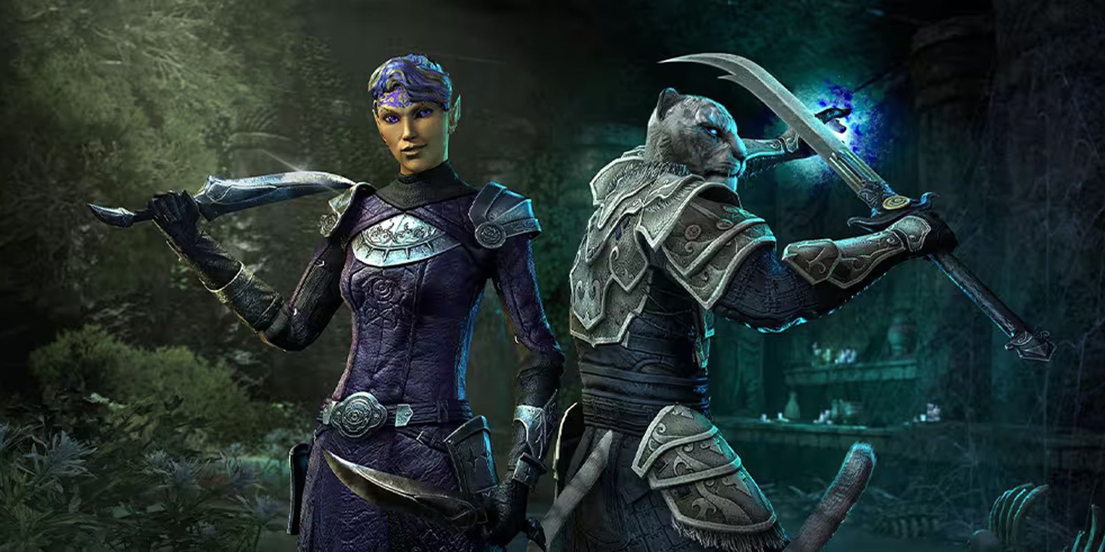 The Elder Scrolls Online Pride Parade 2025 To Take Place In Auridon 1 The Elder Scrolls Online Tanlorin and Zerith-var standing back to back in a cave.