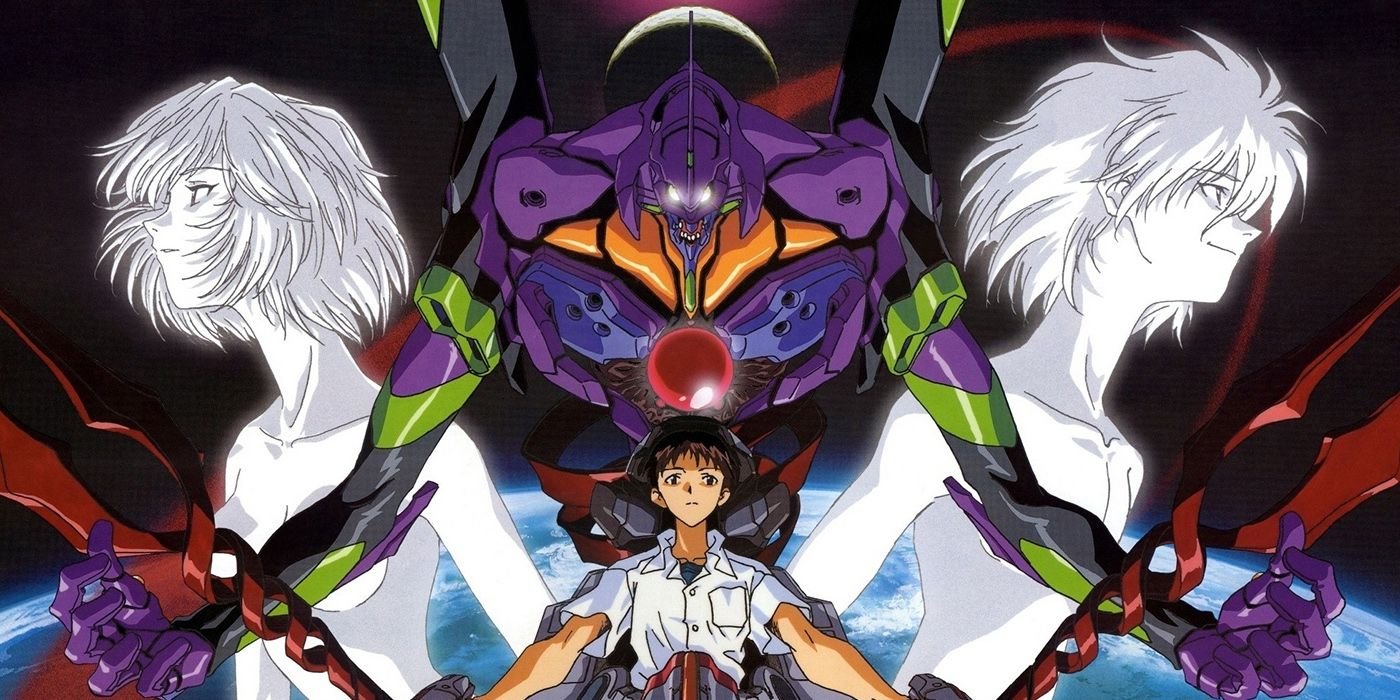 art of evangelion showing shinji and angels with backdrop of the earth