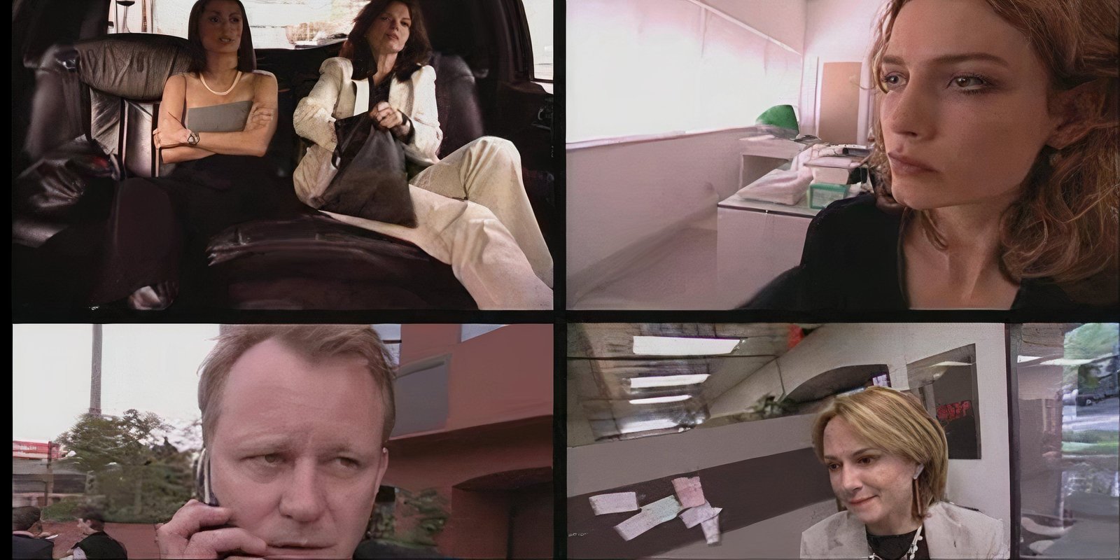 Multiple actors including Stellan Skarsgård, Salma Hayek, and Jeanne Tripplehorn split into four squares in Timecode.