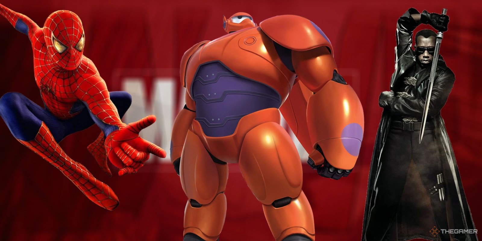 These Supers In MCU's Thunderbolts Are Stronger Than You Realize 8 A collage of Marvel characters from non MCU films including Sam Raimi's Spider Man, Blade, and Baymax from Big Hero Six.