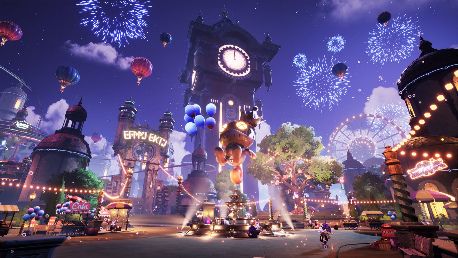 A screenshot of the city in the video game Crystal of Atlan as a bustling parade and fireworks happen in the background.