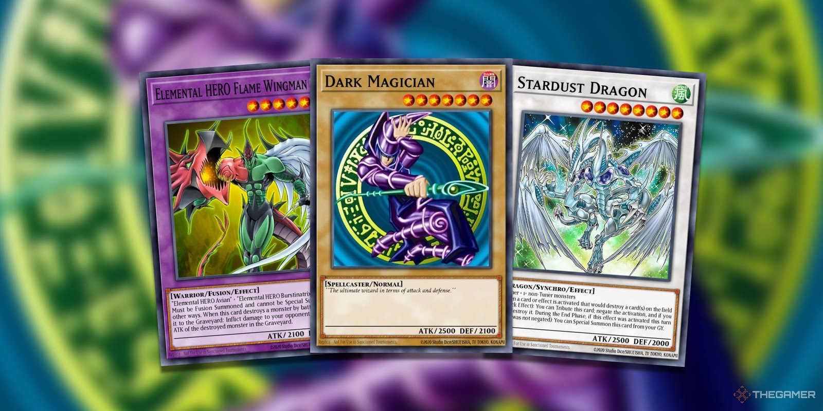 Which Yu-Gi-Oh! Anime Rival Has The Best Signature Card? 1 A collage if signature Yu-Gi-Oh! TCG Cards from the anime such as Dark Magician, Stardust Dragon, and Elemental Hero Flame Wingman.