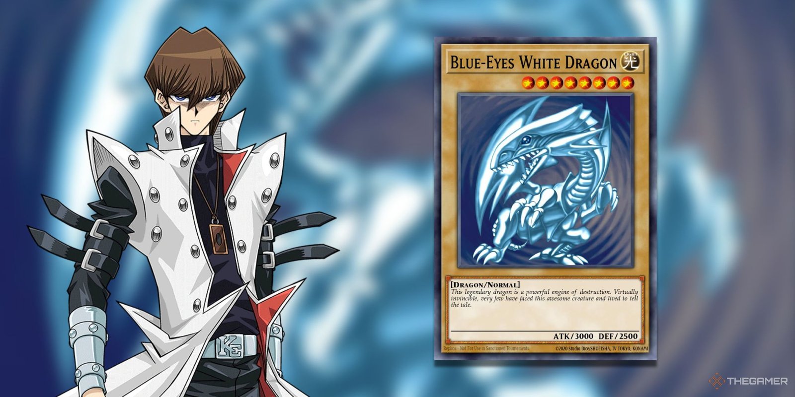 Seto Kaiba next to Blue-Eyes White Dragon from Yu-Gi-Oh! Duel Monsters.