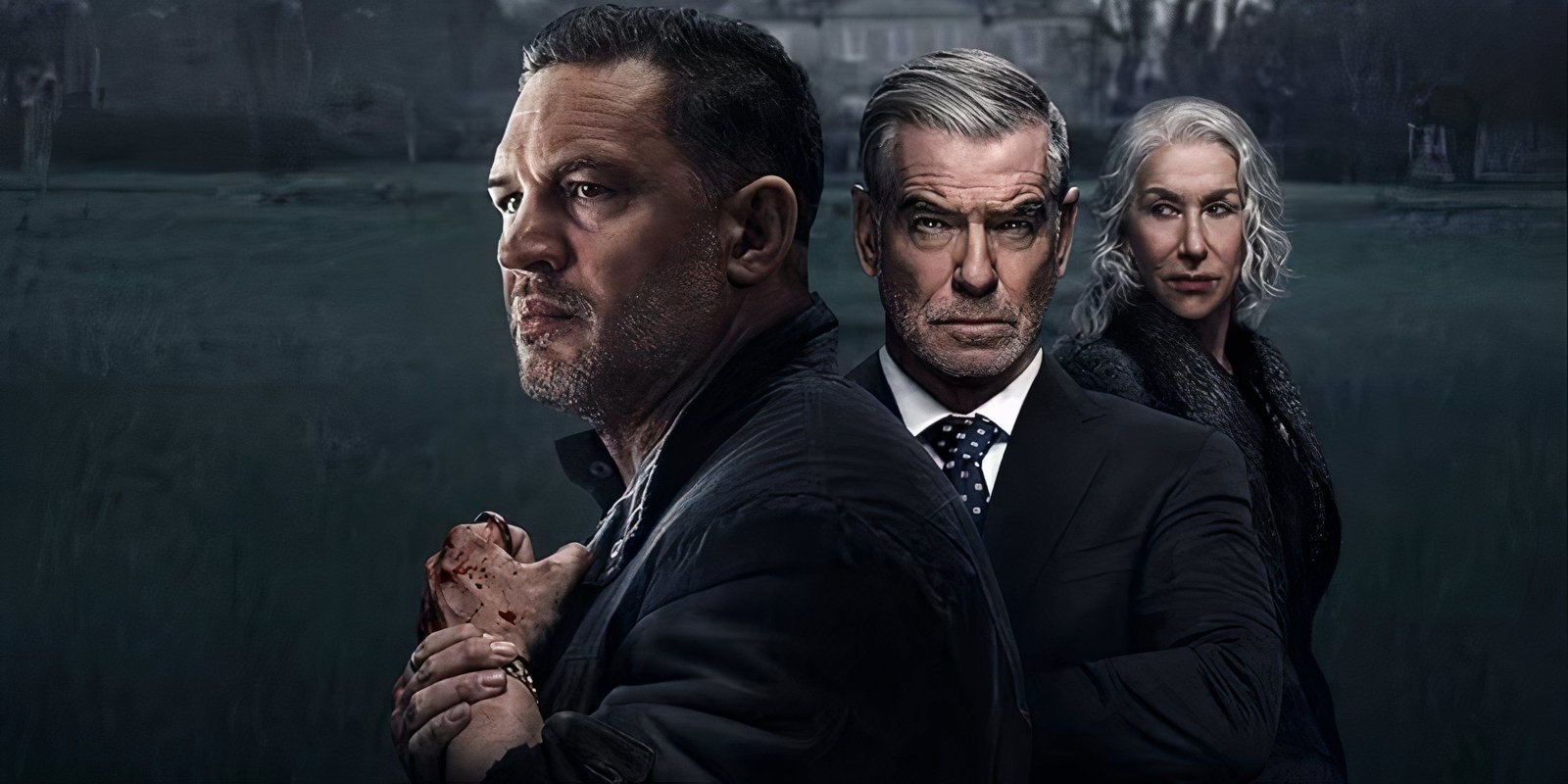 Tom Hardy, Pierce Brosnan, and Helen Mirren on the main art for MobLand.