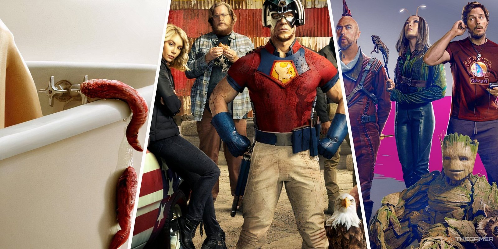 10 Hilarious Comedy Films That You Should Watch 1 Three-image collage of the main cover art for James Gunn's Slither, Peacemaker Season One, and Guardians of the Galaxy Vol. 3.