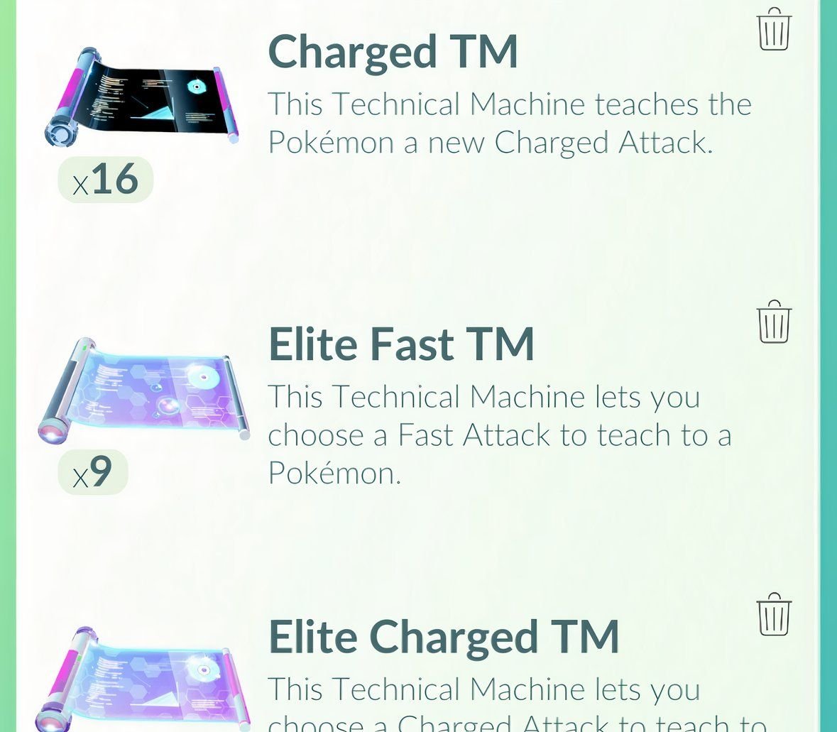 Charged TM, Elite Fast TM, and Elite Charged TM for the shop screen from Pokemon Go.