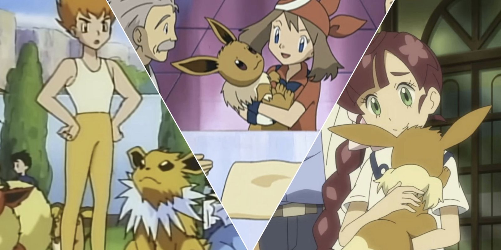 How To Watch Attack On Titan In Order 6 A collage of Eevee trainers from the Pokemon anime such as May, Chloe, and the Eevee Brothers.