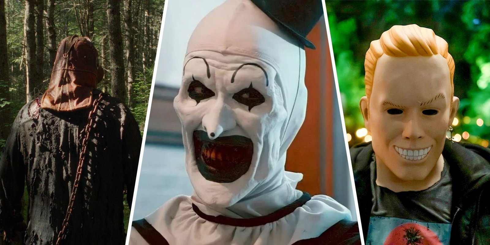 10 Scariest Horror Movies With A Female Lead 5 Killers from In A Violent Nature, Terrifier, and Totally Killer.