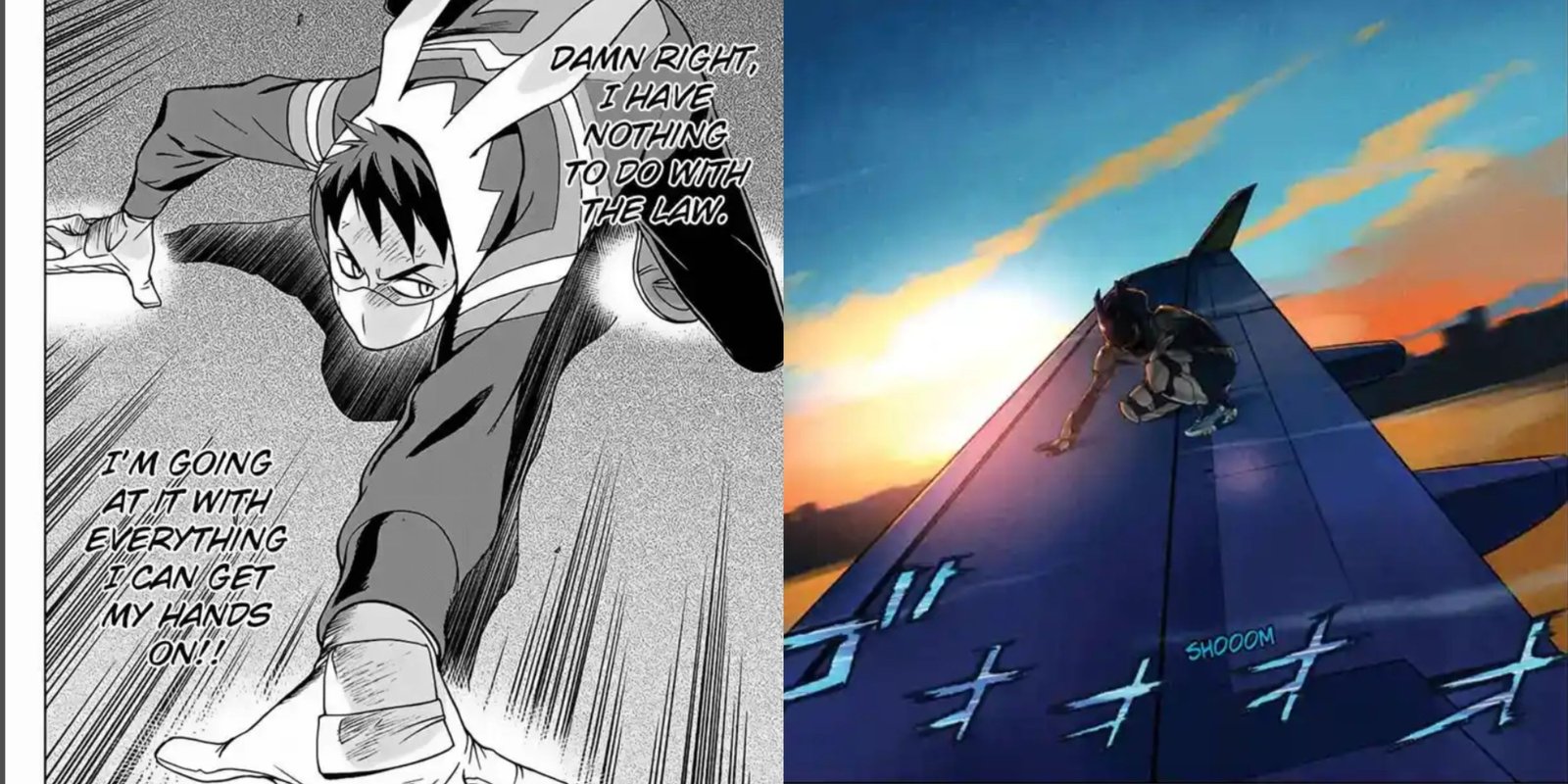 The Skycrawler as a vigilante (left); The Skycrawler works to become a Hero (right) in My Hero Academia Vigilantes.