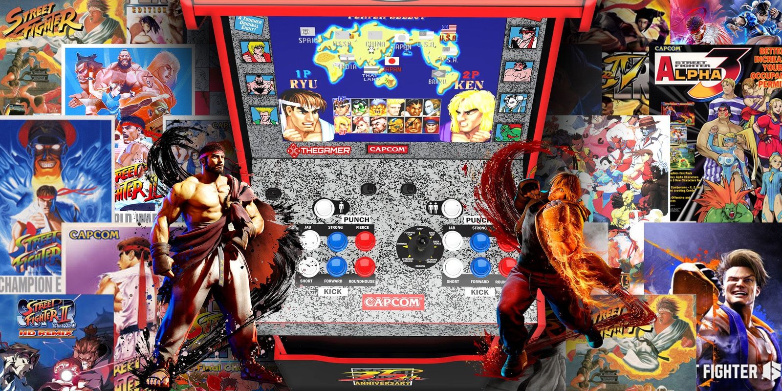 Capcom's Next Game Must Be The Power Stone Games On Console 4 A retro arcade machine shows Ryu and Ken in Street Fighter 2 Champion Edition. Standing on each side of the machine are Ryu and Ken as they appear in Street Fighter 6. Posters from throughout the Street Fighter series flood the image background.