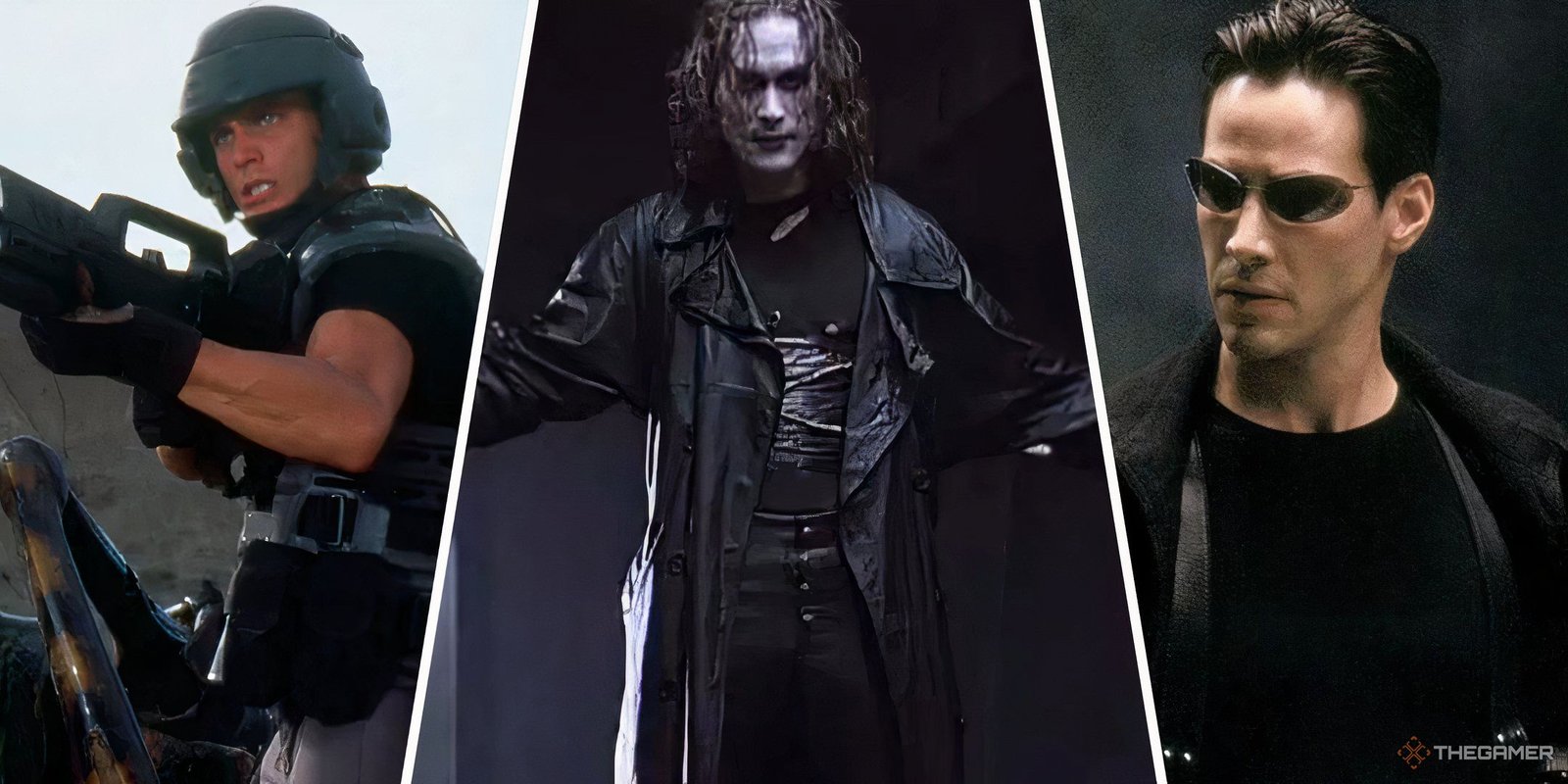 10 Hilarious Comedy Films That You Should Watch 4 There-image collage of Casper Van Dien's Johnny Rico in Starship Troopers, Brandon Lee's Eric Draven in The Crow, and Keanu Reeves as Neo in The Matrix.
