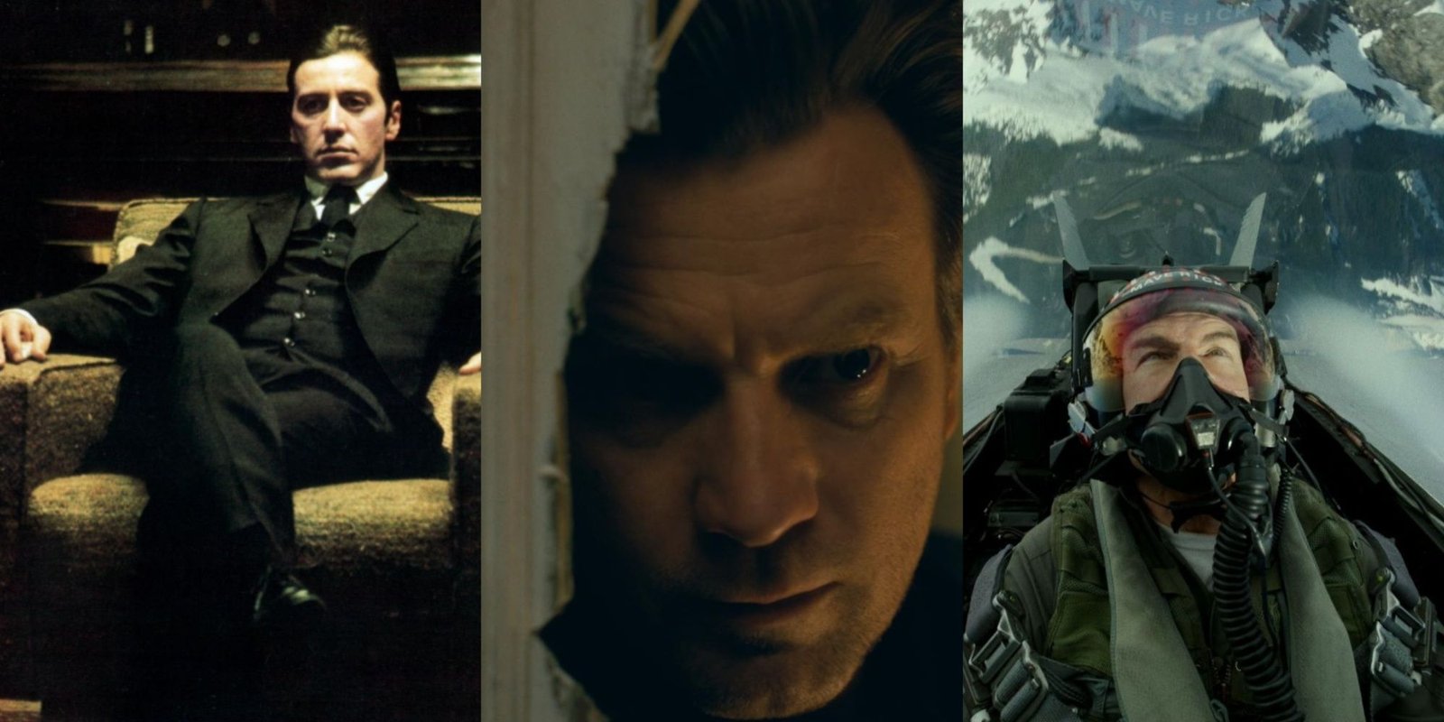 10 Hilarious Comedy Films That You Should Watch 7 Three-image collage of Al Pacino in The Godfather Part 2, Ewan McGregor in Doctor Sleep, and Tom Cruise in Top Gun: Maverick.