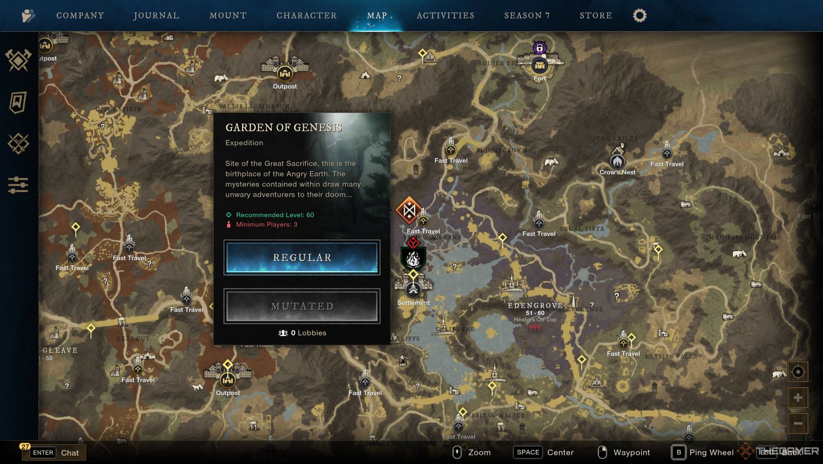 Hovering over the Garden of Genesis icon on the map in New World: Aeternum