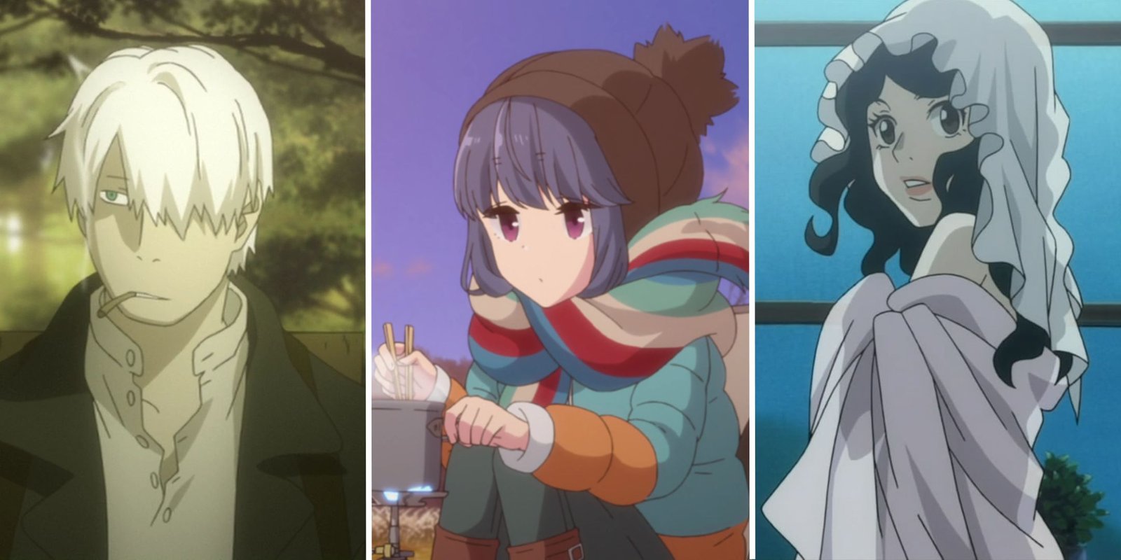 Anime Dere Type Based On Zodiac Sign 5 A split image showing characters from mushishi, Laid Back Camp, and Princess Jellyfish.