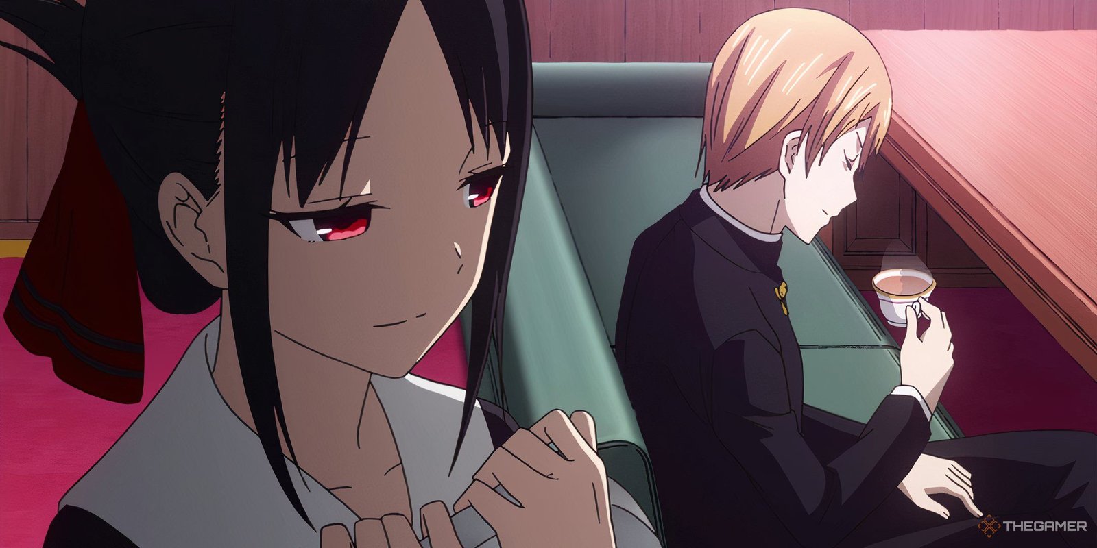 A screenshot from Kaguya-Sama: Love Is War featuring Kaguya Shinomiya looking pleased, while Kaguya Shinomiya looks tired as he holds a tea cup.