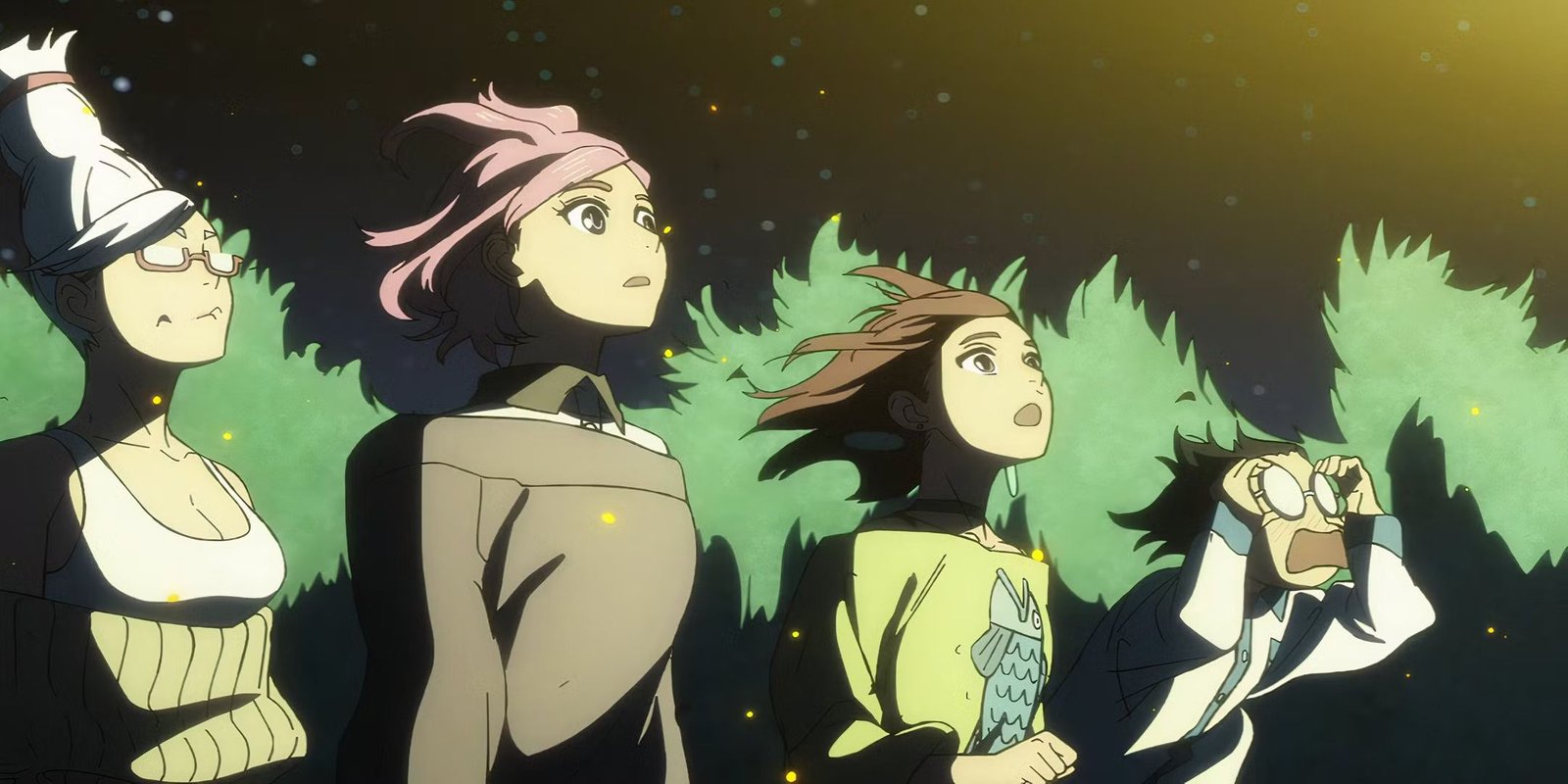 Anime Dere Type Based On Zodiac Sign 10 Momo, Okarun And Aira looking at a UFO in Dandadan.