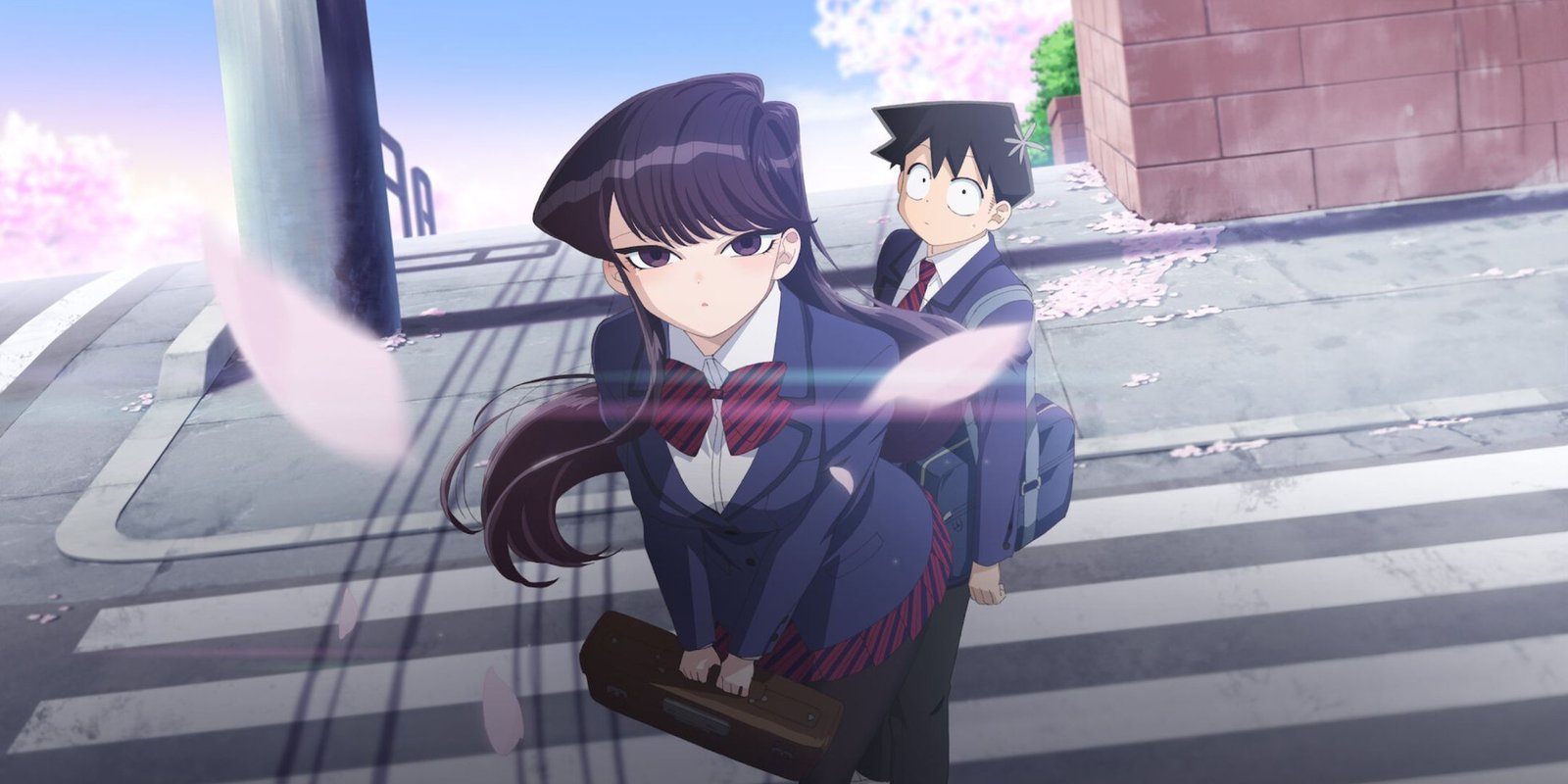 Komi Can't Communicate Netflix Anime Promotional Image, featuring Komi and her classmate walking across the street.
