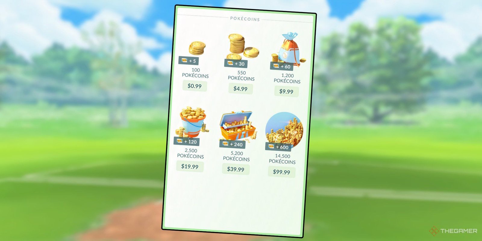 Everything You Need To Know About April's Max Battles For Pokemon Go 3 Rectangle with PokeCoins from the Pokemon Go shop with the Pokemon Go battlefield behind.