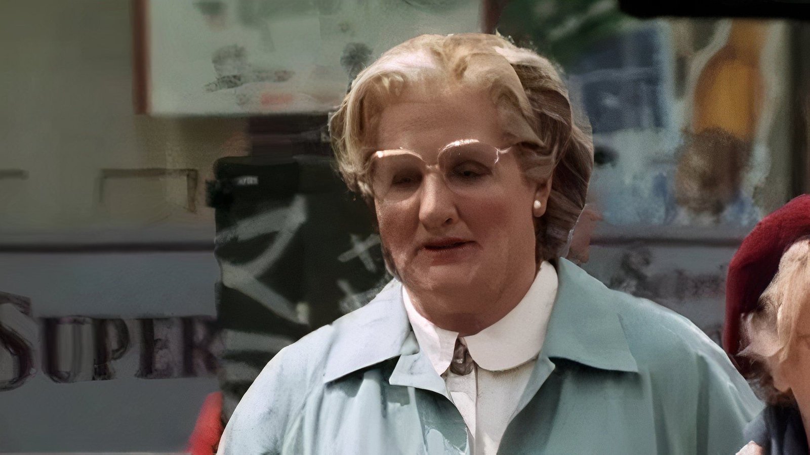 Robbin Williams in and as Mrs. Doubtfire.