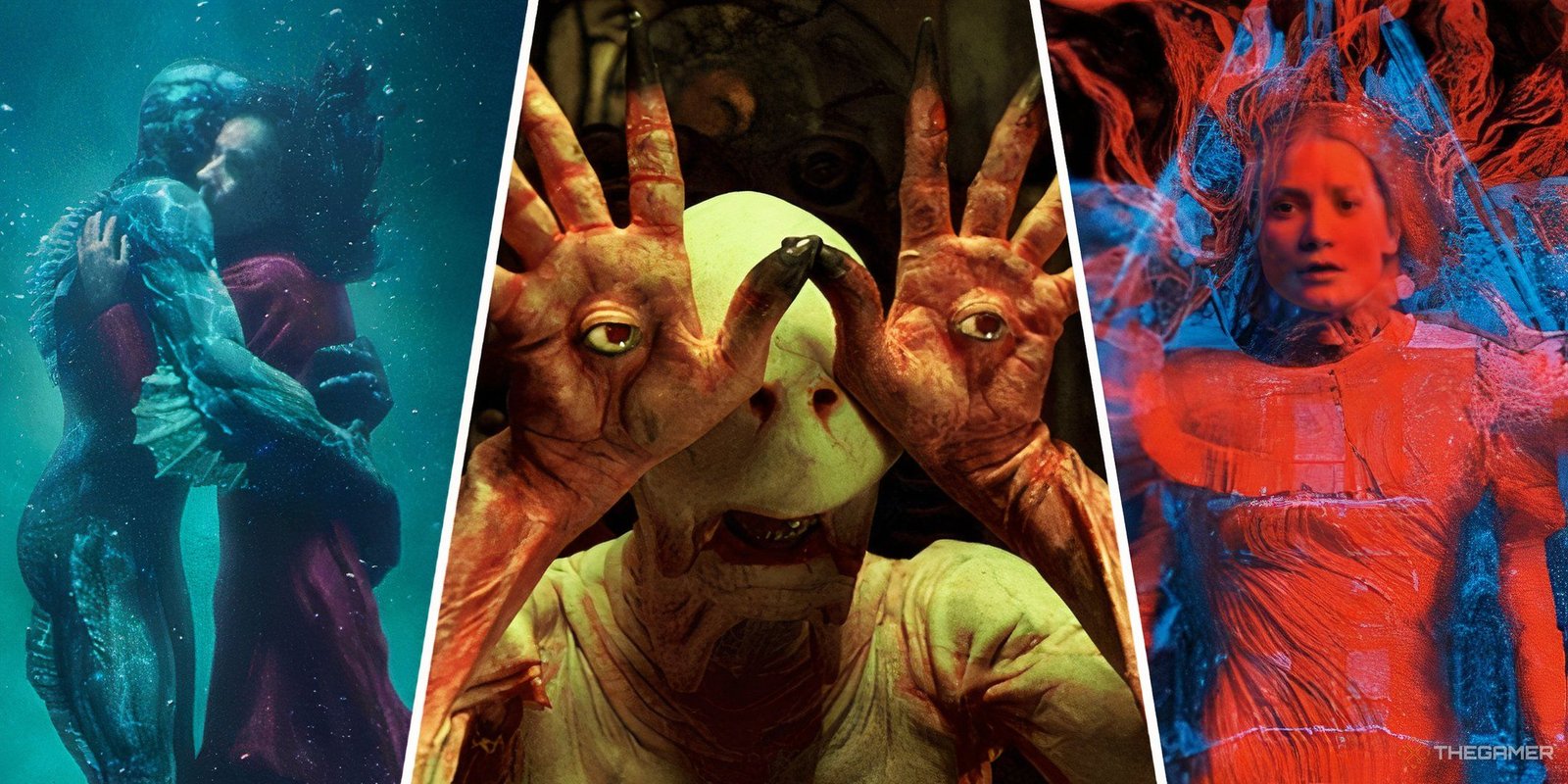 These Movie Heroes Are More Villainous Than You Think 7 Three-image collage of the main art for The Shape of Water and Crimson Peak and The Pale Man from Pan's Labyrinth.