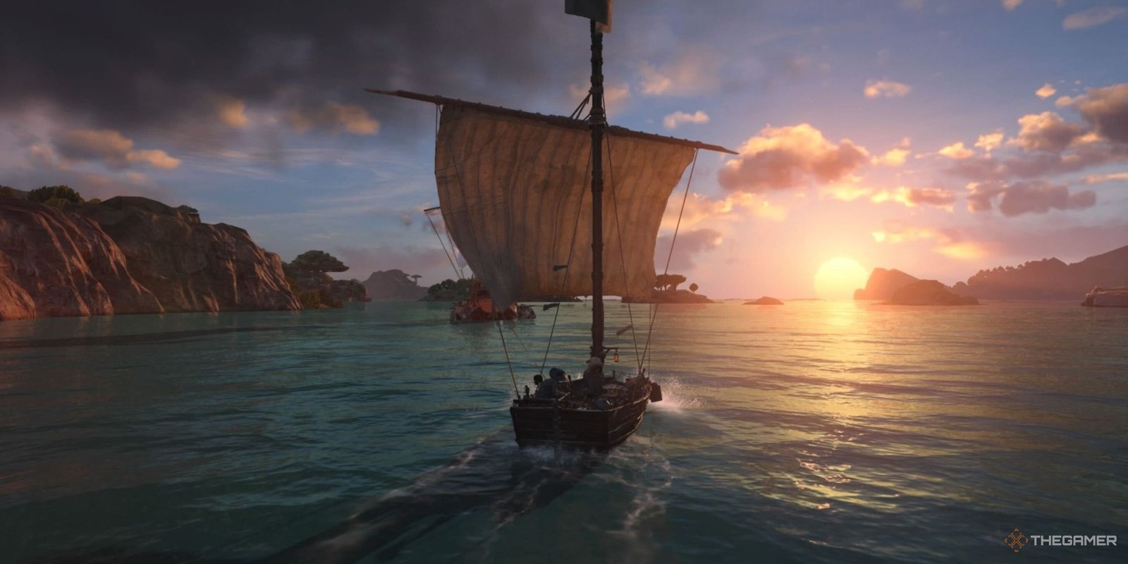 small ship sailing into the sunset in skull and bones