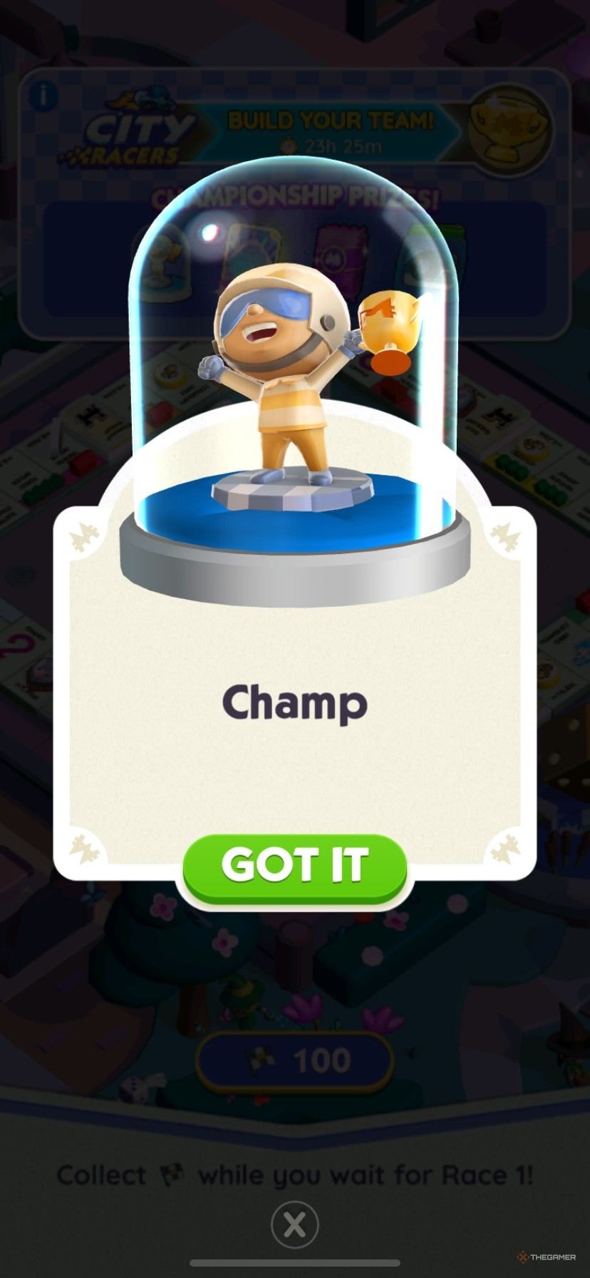 The Champ board token as the top prize in City Racers from Monopoly Go.