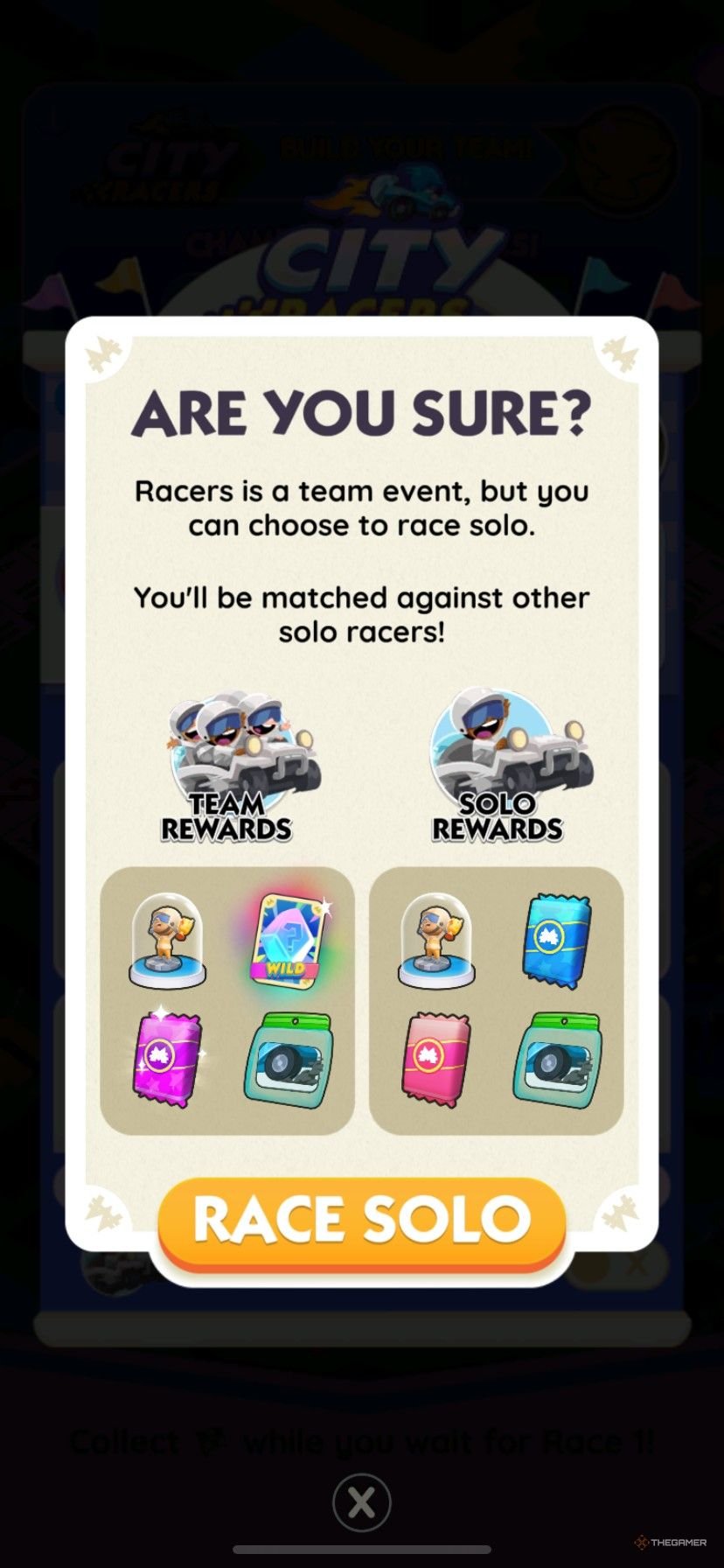 The top prizes for the team and solo racers in City Racers from Monopoly Go.