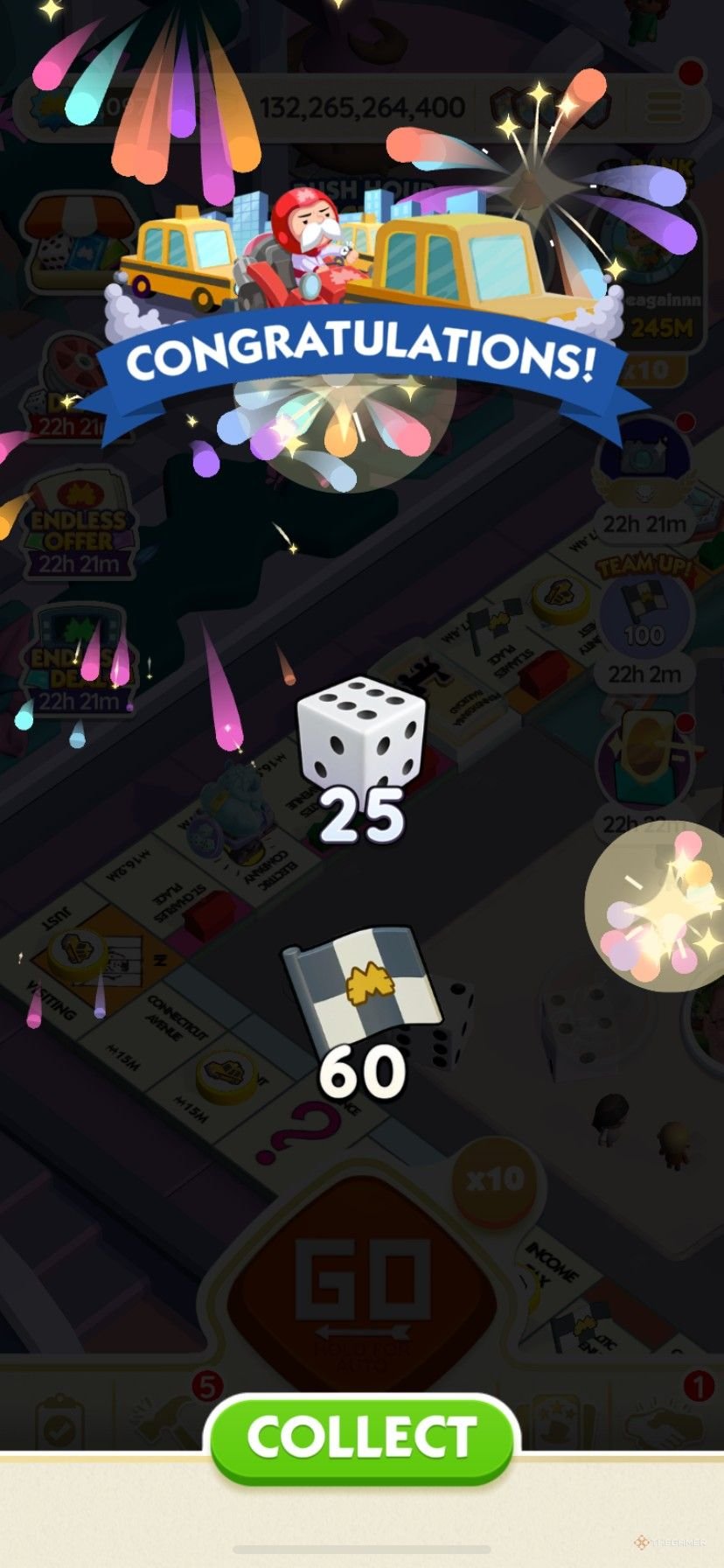 Earning 60 extra City Racers tokens in Monopoly Go from a banner event.