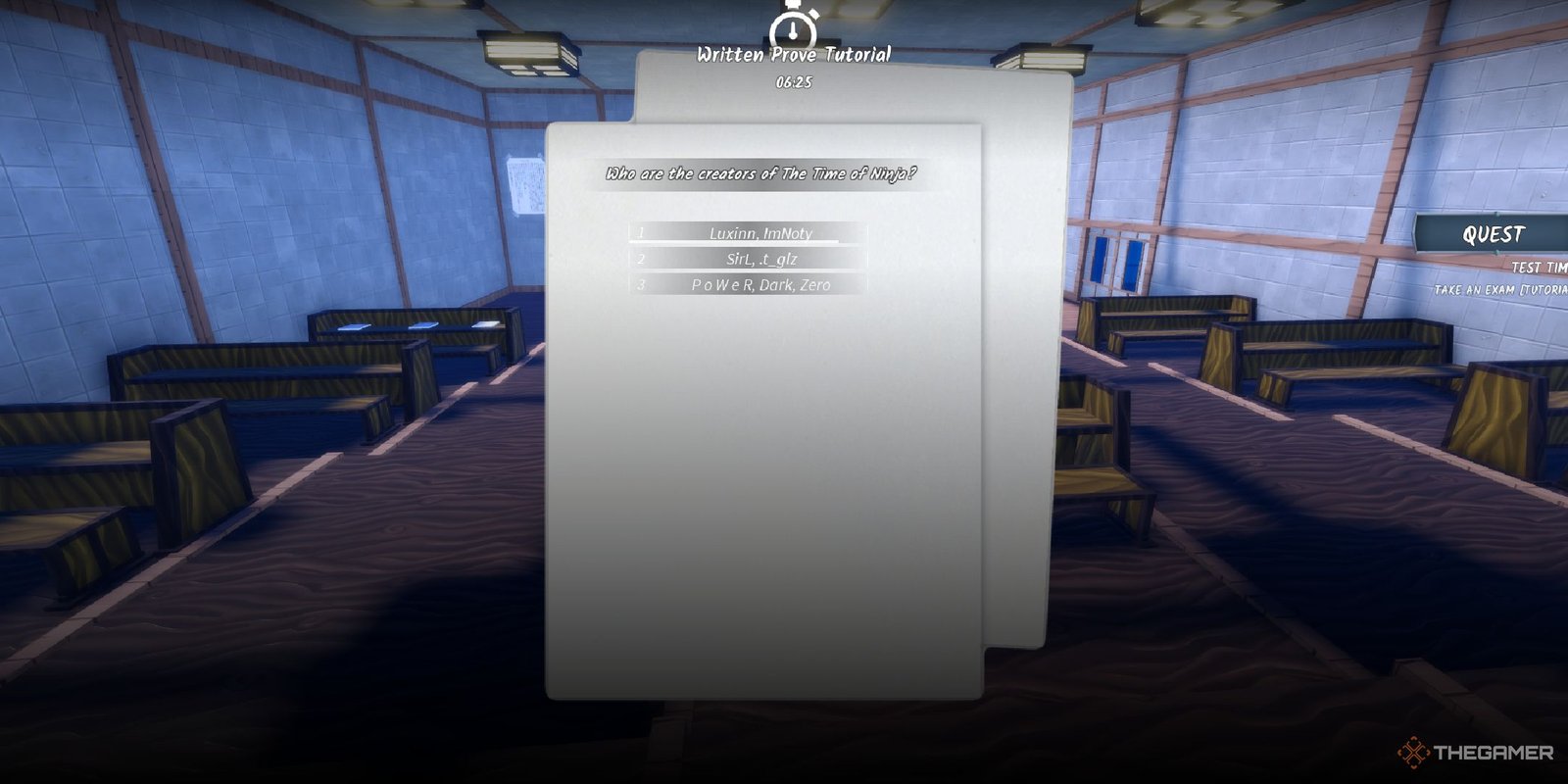 A player taking the written test on Ninja Time in Roblox.