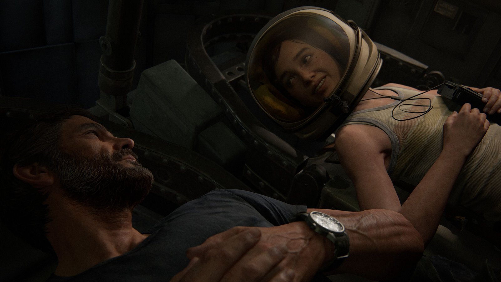 Joel and Ellie in the rocket shuttle exibit in The Last of Us Part 2. 