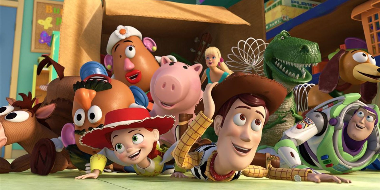 All the toys falling out of a box in Toy Story 3.