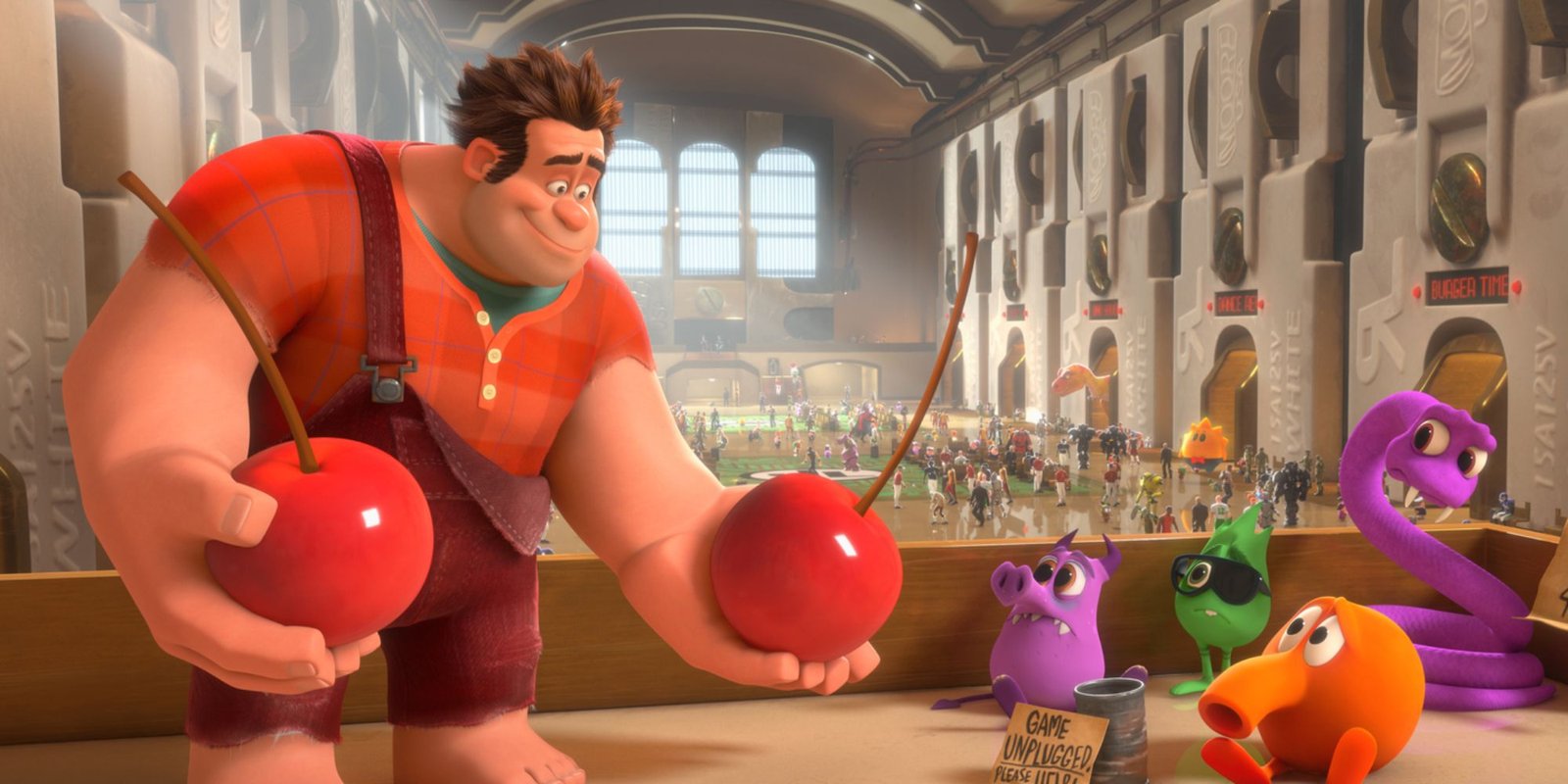 Ralph handing cherries over to old arcade characters in Wreck-It-Ralph.