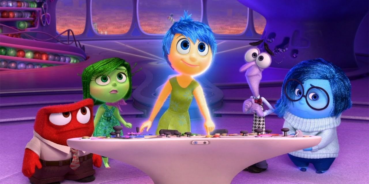 Anger, Disgust, Joy, Fear and Sadness at Riley's controls in Inside Out.