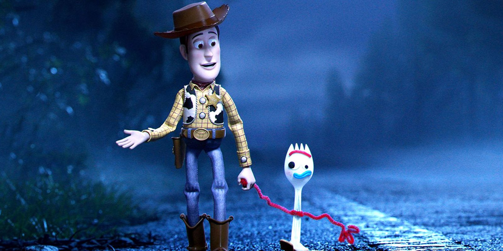 Woody walking down with road with Forky in Toy Story 4.
