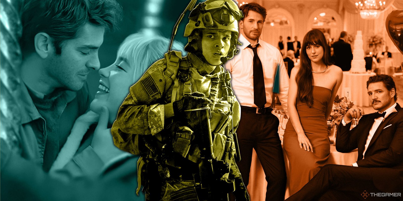 Collage image with We Live in Time, Warfare, and The Materialists.