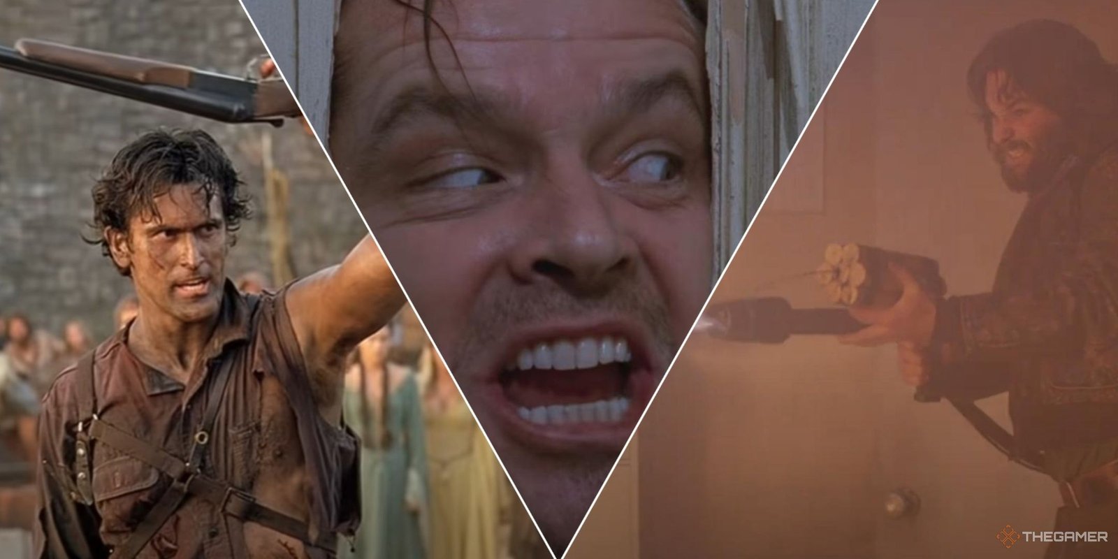The Best Horror Movies About Haunted Houses 8 A collage of horror movie moments that focus on iconic horror weapons.