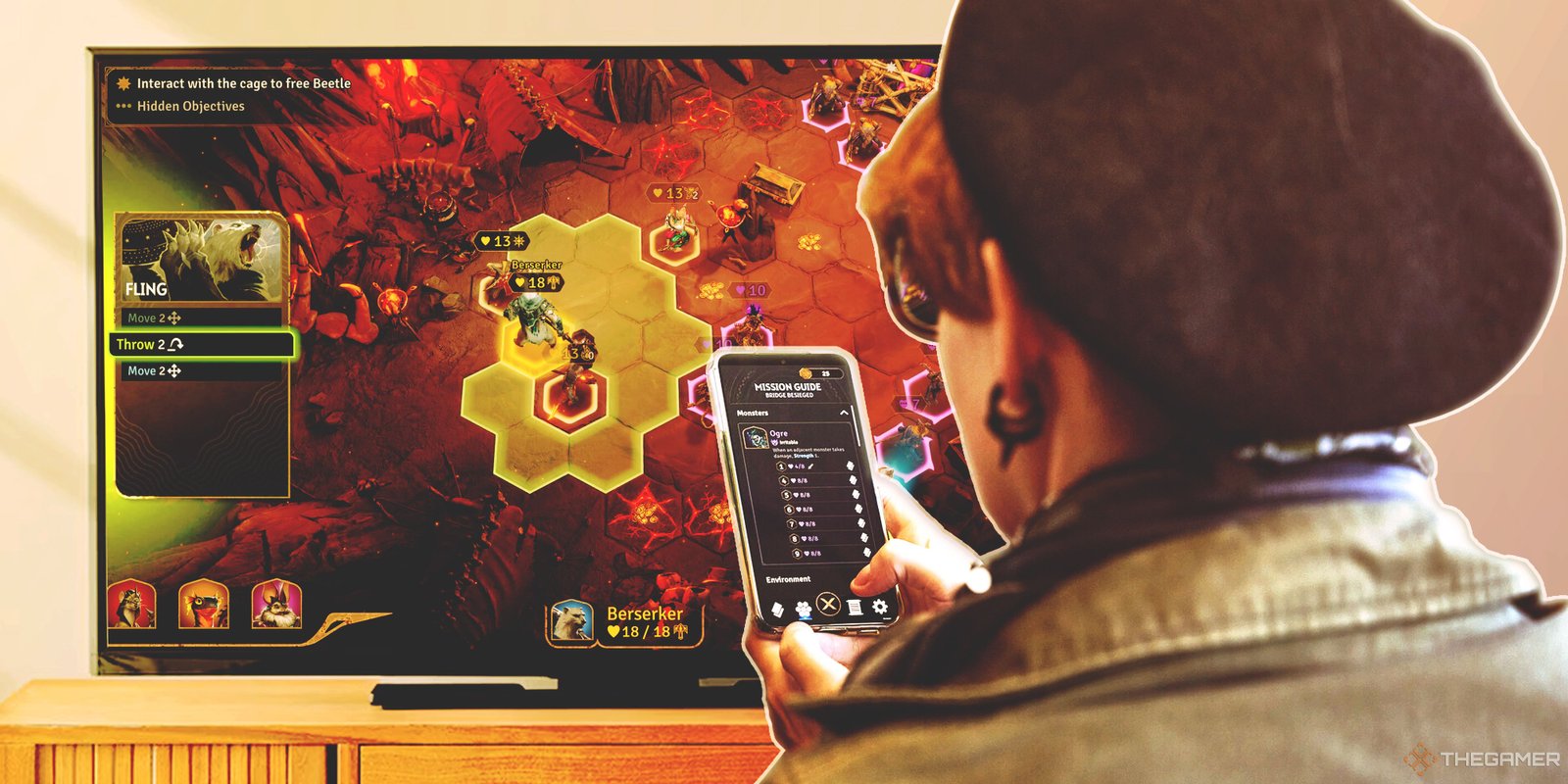 A player plays Sunderfolk on a TV using their phone.