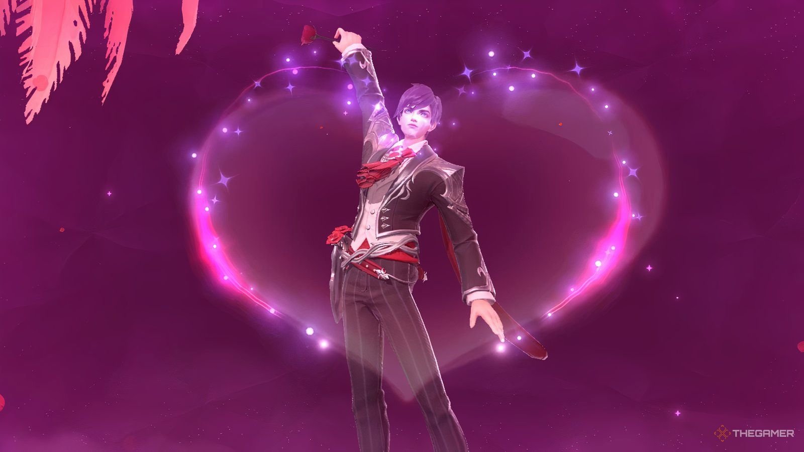 Gusion from Mobile Legends in his Valentine's skin, posing in front of a heart.