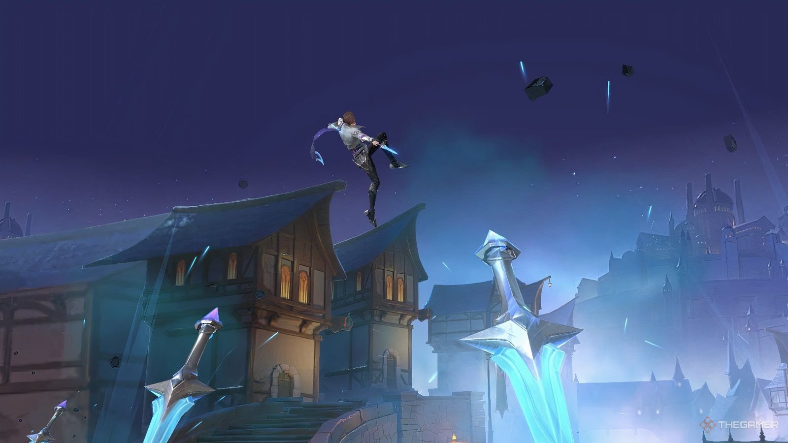 Gusion from Mobile Legend up in the air, throwing daggers on the ground.