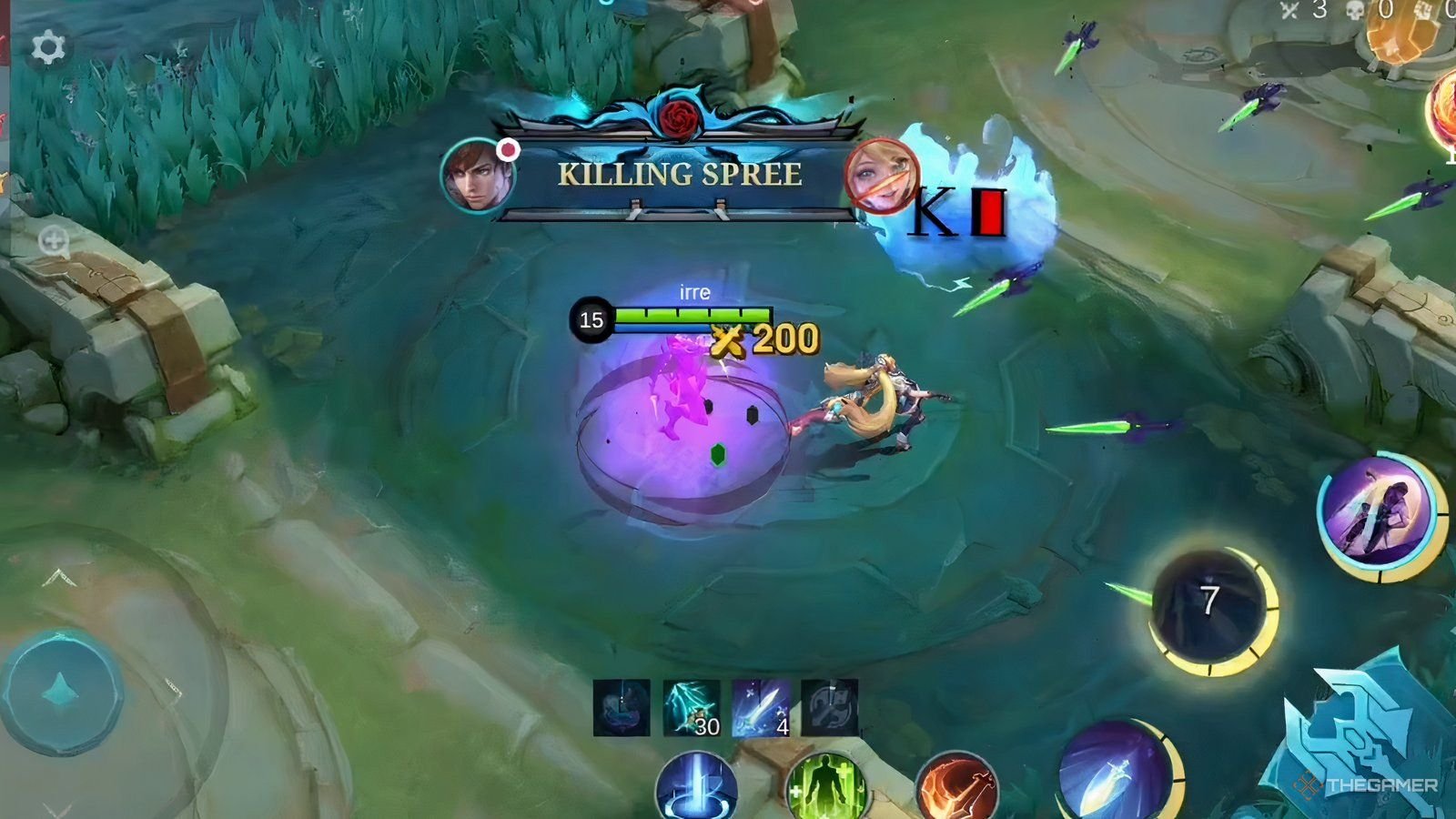 Mobile Legends, Gusion recalling ten daggers at once from far away.
