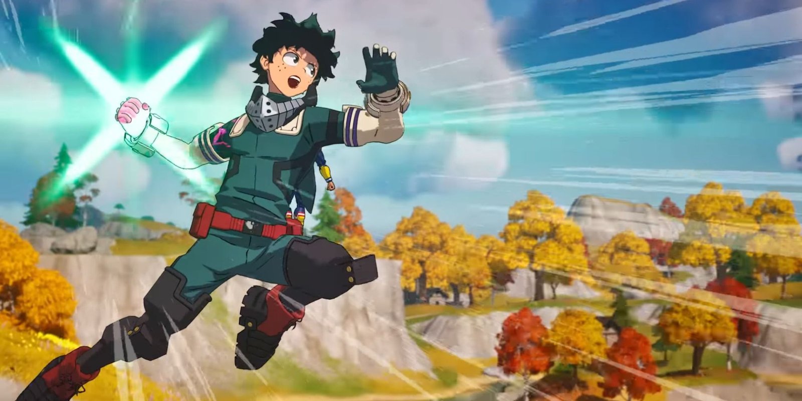 An image from Fortnite of the My Hero Academia Collab. This photo showcases Midorya wielding the Deku-Smash ability.