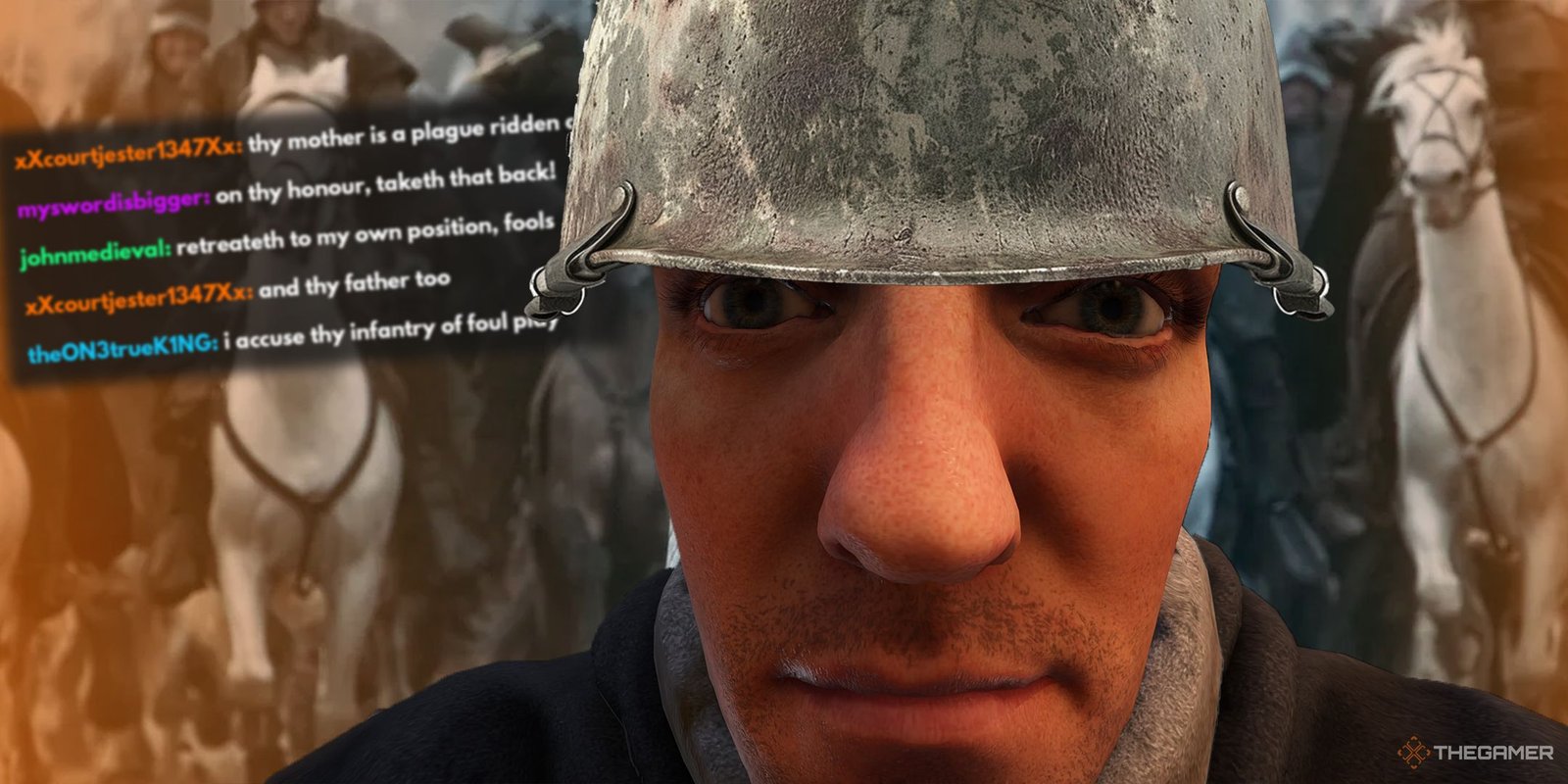 Sometimes You Just Wanna Chuck A Grenade In An FPS Like Call Of Duty 2 TG call of duty medieval warfare - close up of henry from kingdom come, with horses in the background and a medieval toxic game chat